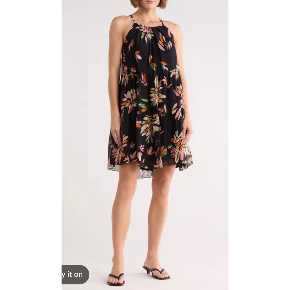 FRNCH Paris Arianna Floral Tiered Halter Mini Dress Black Silkโ Blend FI22-05 XS